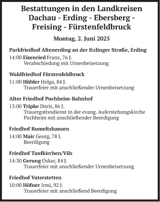 Todesanzeige von Bestattungen vom 02.06.2025 von merkurtz