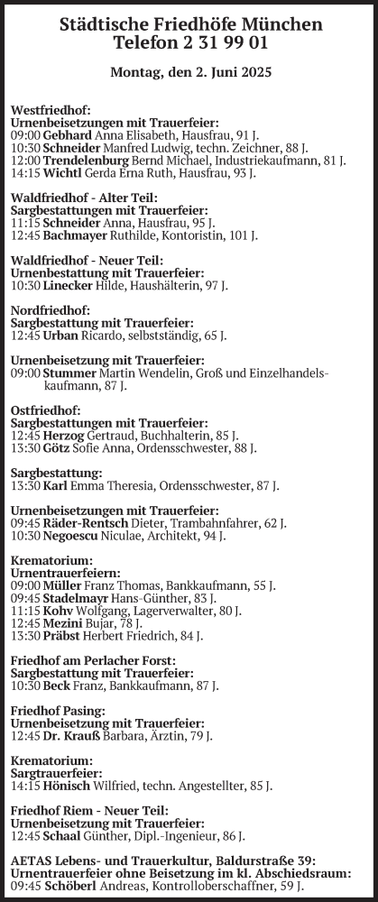 Todesanzeige von Bestattungen vom 02.06.2025 von merkurtz