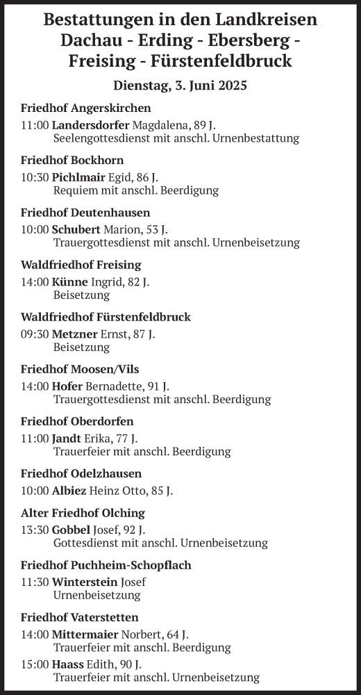 Todesanzeige von Bestattungen vom 03.06.2025 von merkurtz