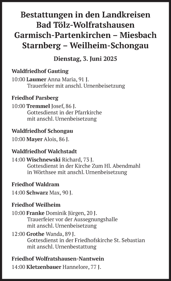 Todesanzeige von Bestattungen vom 03.06.2025 von merkurtz