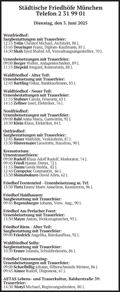 Todesanzeige von Bestattungen vom 03.06.2025 von merkurtz