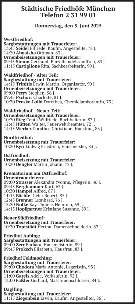 Todesanzeige von Bestattungen vom 05.06.2025 von merkurtz