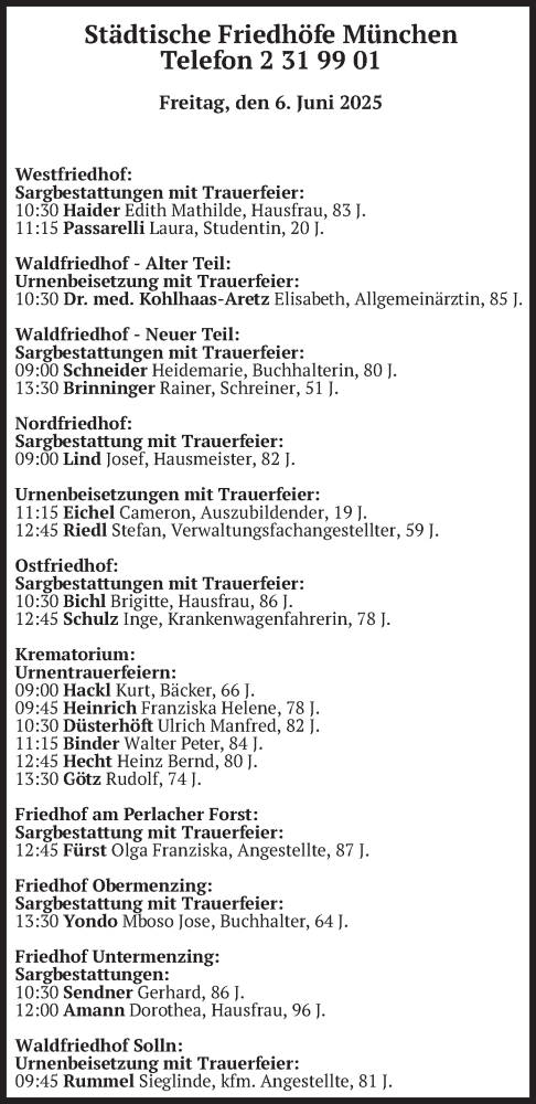 Todesanzeige von Bestattungen vom 06.06.2025 von merkurtz