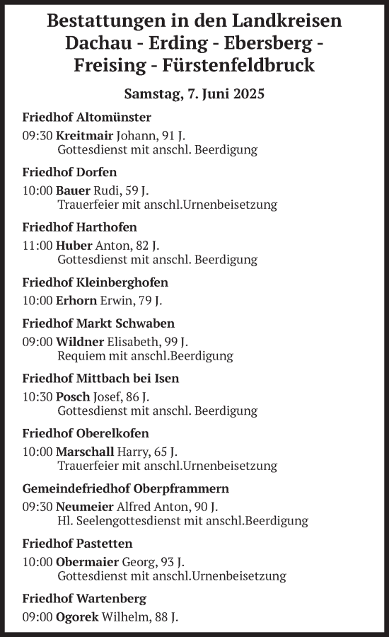 Todesanzeige von Bestattungen vom 07.06.2025 von merkurtz