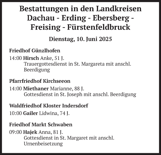 Todesanzeige von Bestattungen vom 10.06.2025 von merkurtz