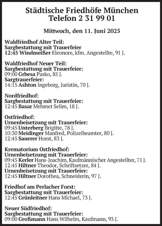Todesanzeige von Bestattungen vom 11.06.2025 von merkurtz