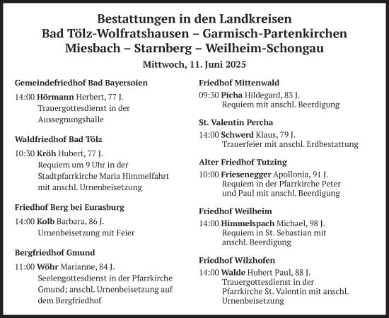 Todesanzeige von Bestattungen vom 11.06.2025 von merkurtz