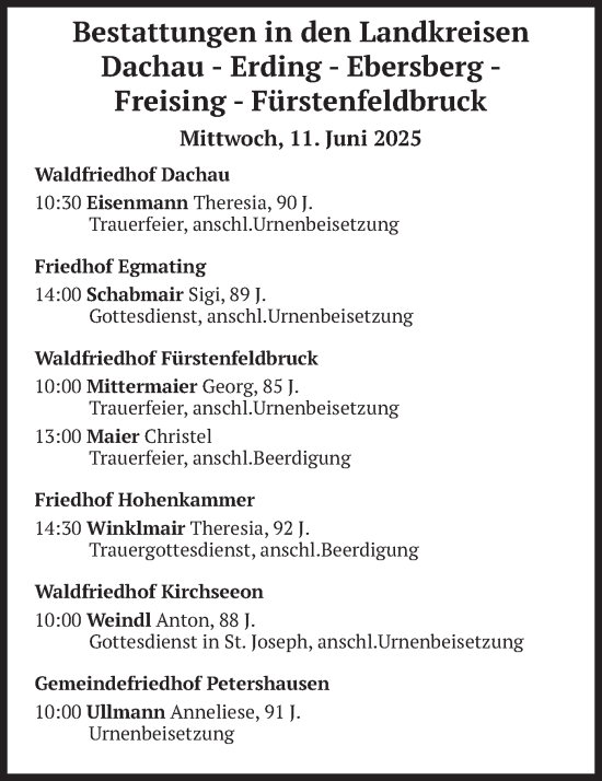 Todesanzeige von Bestattungen vom 11.06.2025 von merkurtz