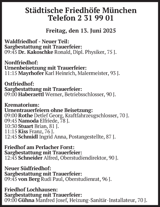 Todesanzeige von Bestattungen vom 13.06.2025 von merkurtz