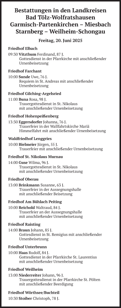 Todesanzeige von Bestattungen vom 20.06.2025 von merkurtz