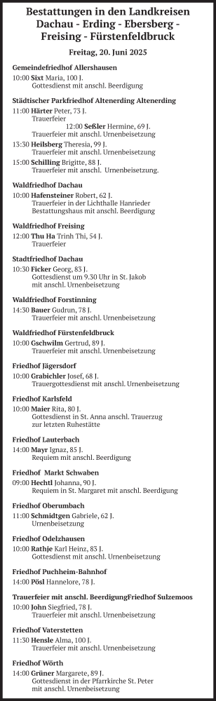 Todesanzeige von Bestattungen vom 20.06.2025 von merkurtz