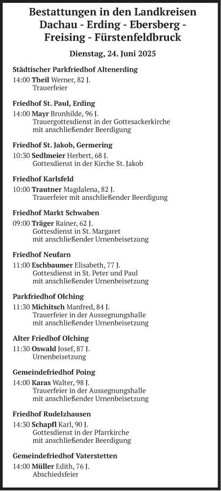 Todesanzeige von Bestattungen vom 24.06.2025 von merkurtz