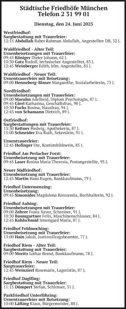 Todesanzeige von Bestattungen vom 24.06.2025 von merkurtz
