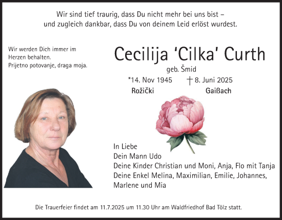 Todesanzeige von Cecilija Curth von merkurtz