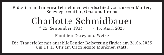 Todesanzeige von Charlotte Schmidbauer von merkurtz