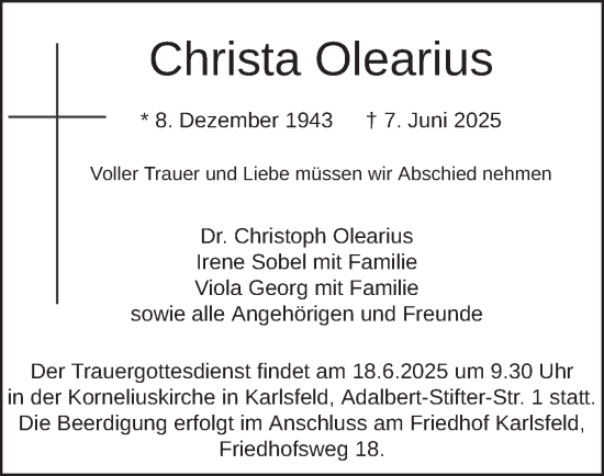 Todesanzeige von Christa Olearius von merkurtz