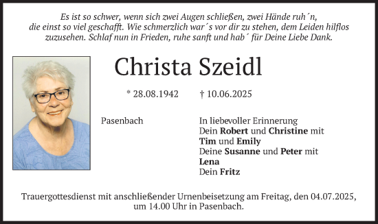 Todesanzeige von Christa Szeidl von merkurtz