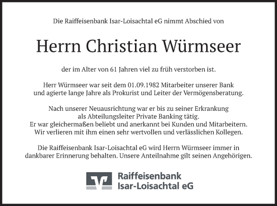 Todesanzeige von Christian Würmseer von merkurtz