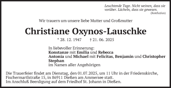 Todesanzeige von Christiane Oxynos-Lauschke von merkurtz