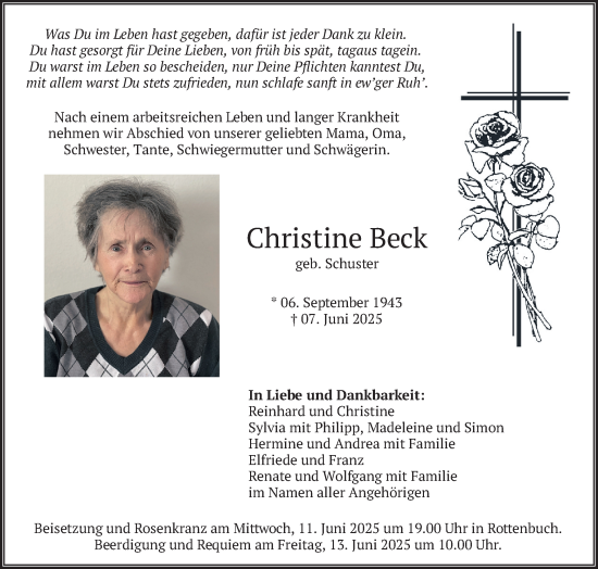 Todesanzeige von Christine Beck von merkurtz