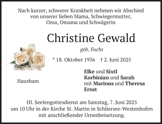 Todesanzeige von Christine Gewald von merkurtz