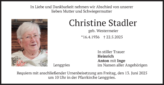 Todesanzeige von Christine Stadler von merkurtz