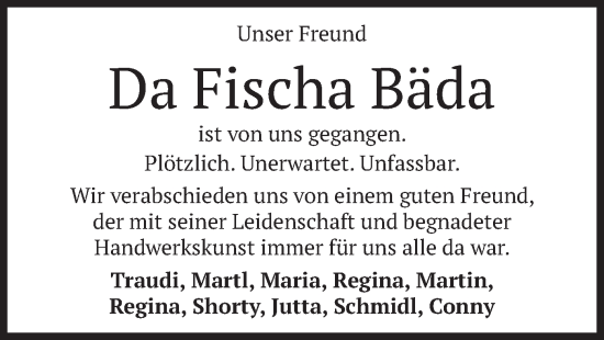 Todesanzeige von Da Fischa Bäda  von merkurtz