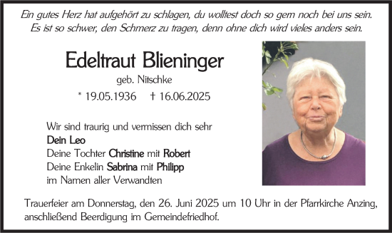 Todesanzeige von Edeltraut Blieninger von merkurtz