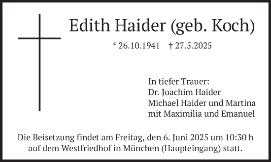 Todesanzeige von Edith Haider von merkurtz