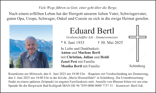 Todesanzeige von Eduard Bertl von merkurtz