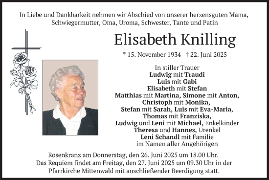 Todesanzeige von Elisabeth Knilling von merkurtz
