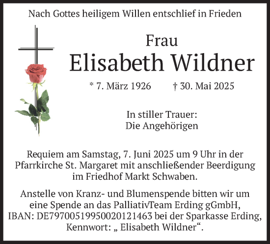 Todesanzeige von Elisabeth Wildner von merkurtz