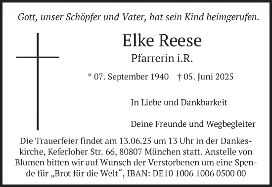 Todesanzeige von Elke Reese von merkurtz