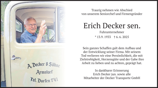 Todesanzeige von Erich Decker von merkurtz