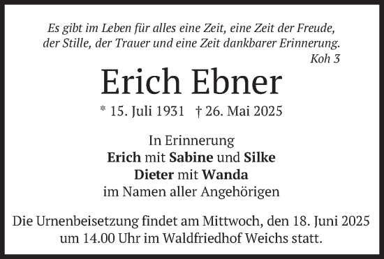 Todesanzeige von Erich Ebner von merkurtz