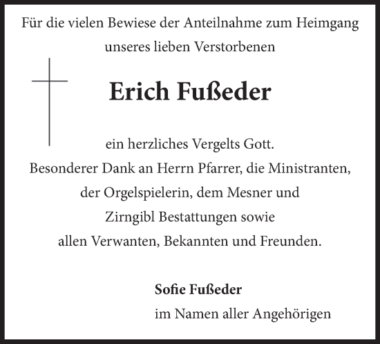 Todesanzeige von Erich Fußeder von merkurtz