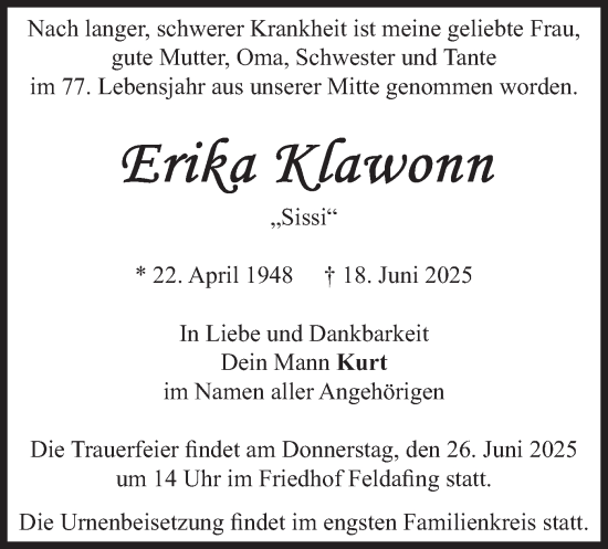 Todesanzeige von Erika Klawonn von merkurtz