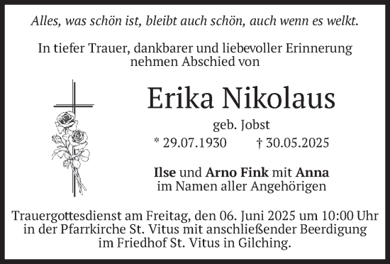 Todesanzeige von Erika Nikolaus von merkurtz