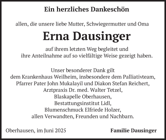 Todesanzeige von Erna Dausinger von merkurtz