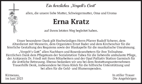 Todesanzeige von Erna Kratz von merkurtz