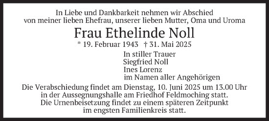 Todesanzeige von Ethelinde Noll von merkurtz