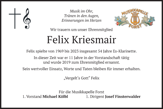 Todesanzeige von Felix Kriesmair von merkurtz