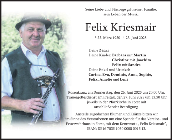 Todesanzeige von Felix Kriesmair von merkurtz