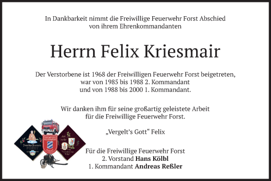 Todesanzeige von Felix Kriesmair von merkurtz