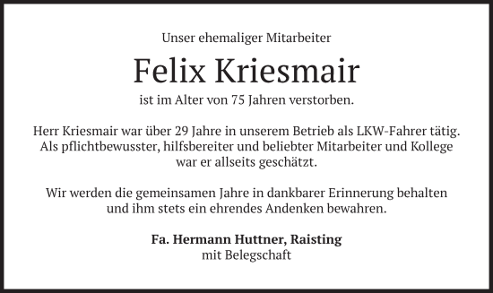 Todesanzeige von Felix Kriesmair von merkurtz