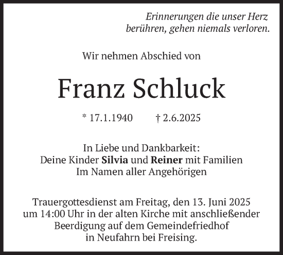 Todesanzeige von Franz Schluck von merkurtz