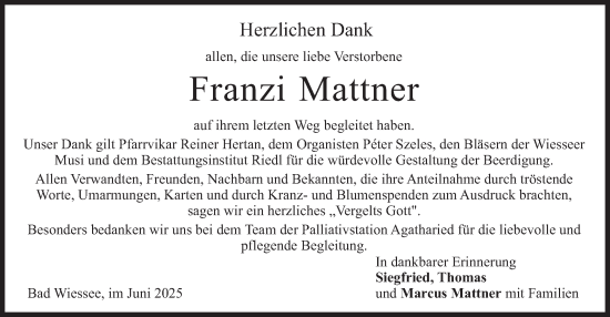 Todesanzeige von Franzi Mattner von merkurtz