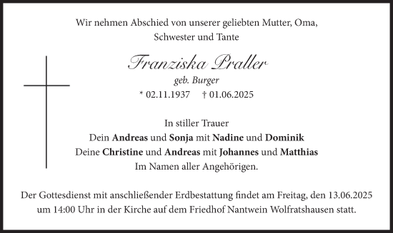Todesanzeige von Franziska Praller von merkurtz