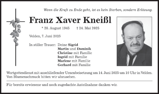 Todesanzeige von Franz Xaver Kneißl von merkurtz
