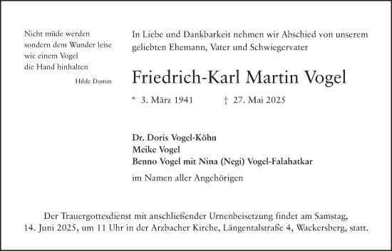 Todesanzeige von Friedrich-Karl Martin Vogel von merkurtz